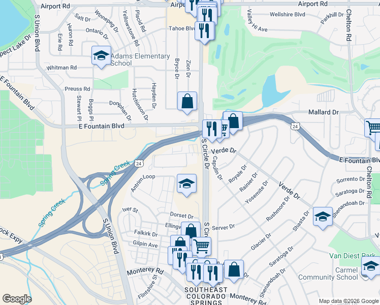 map of restaurants, bars, coffee shops, grocery stores, and more near 1104 South Circle Drive in Colorado Springs