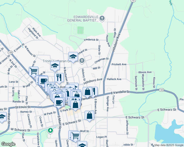 map of restaurants, bars, coffee shops, grocery stores, and more near 637 Hillsboro Avenue in Edwardsville
