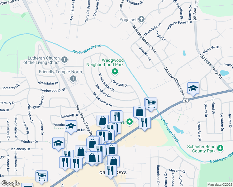 map of restaurants, bars, coffee shops, grocery stores, and more near 2997 Westminster Drive in Florissant