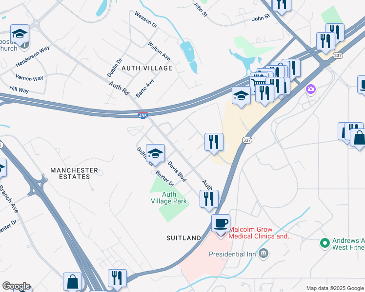 map of restaurants, bars, coffee shops, grocery stores, and more near 6210 Auth Road in Camp Springs