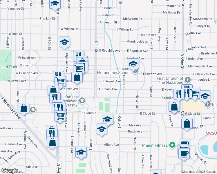 map of restaurants, bars, coffee shops, grocery stores, and more near 237 East Kirwin Avenue in Salina