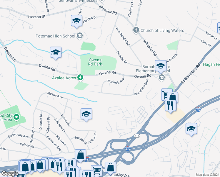 map of restaurants, bars, coffee shops, grocery stores, and more near 5406 Norlinda Circle in Oxon Hill