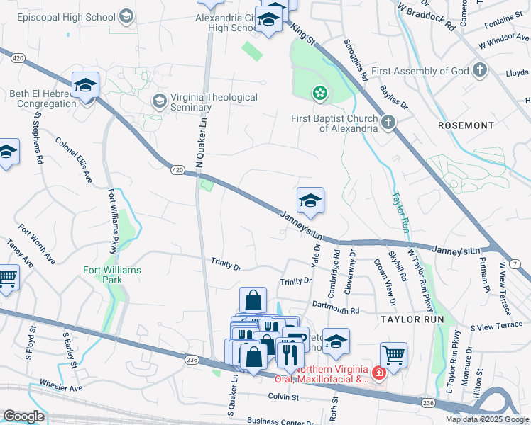 map of restaurants, bars, coffee shops, grocery stores, and more near 1214 Janneys Lane in Alexandria