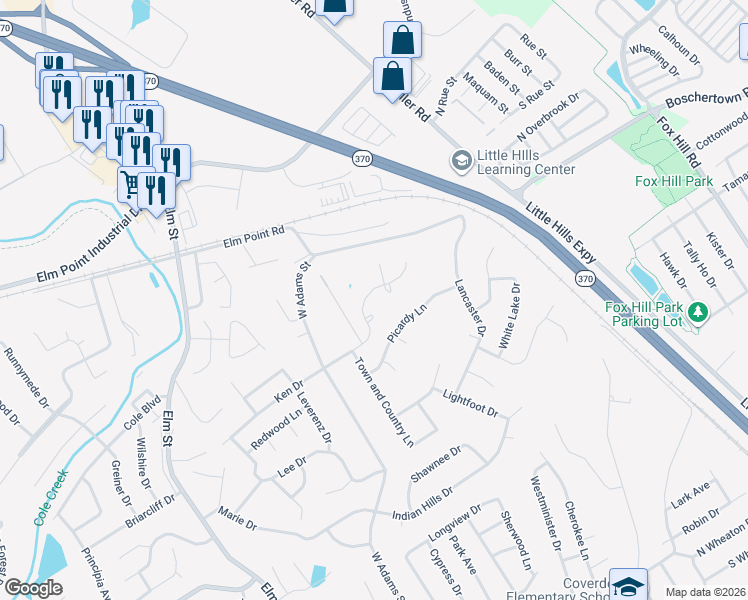 map of restaurants, bars, coffee shops, grocery stores, and more near 1012 Bellevaux Place in Saint Charles