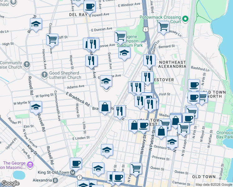 map of restaurants, bars, coffee shops, grocery stores, and more near 1005 Mount Vernon Avenue in Alexandria