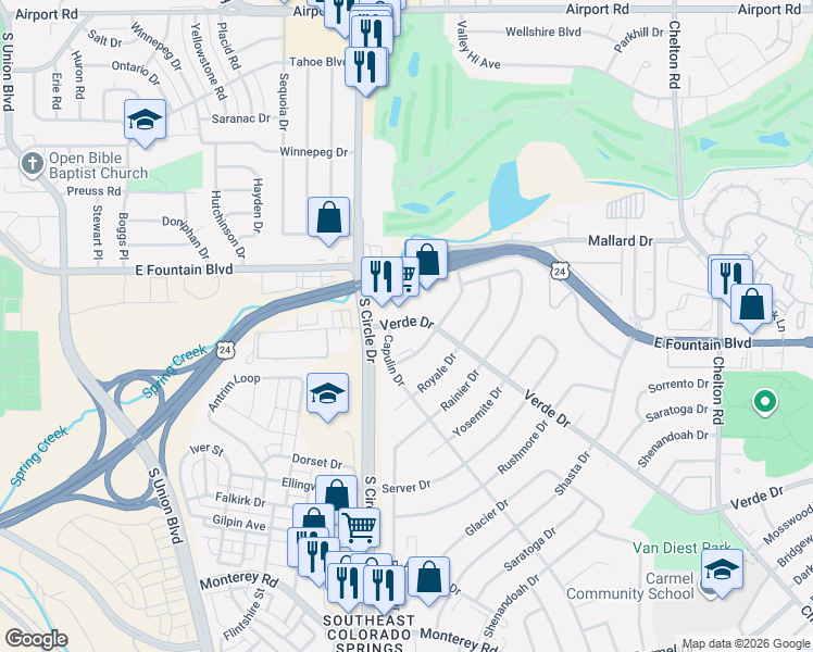 map of restaurants, bars, coffee shops, grocery stores, and more near 1127 Verde Drive in Colorado Springs
