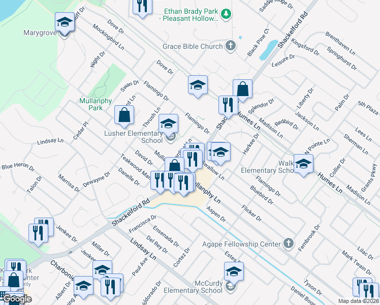 map of restaurants, bars, coffee shops, grocery stores, and more near 1840 Swallow Lane in Florissant