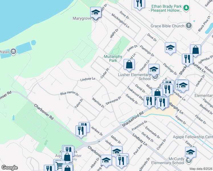 map of restaurants, bars, coffee shops, grocery stores, and more near 2265 Lindsay Lane in Florissant