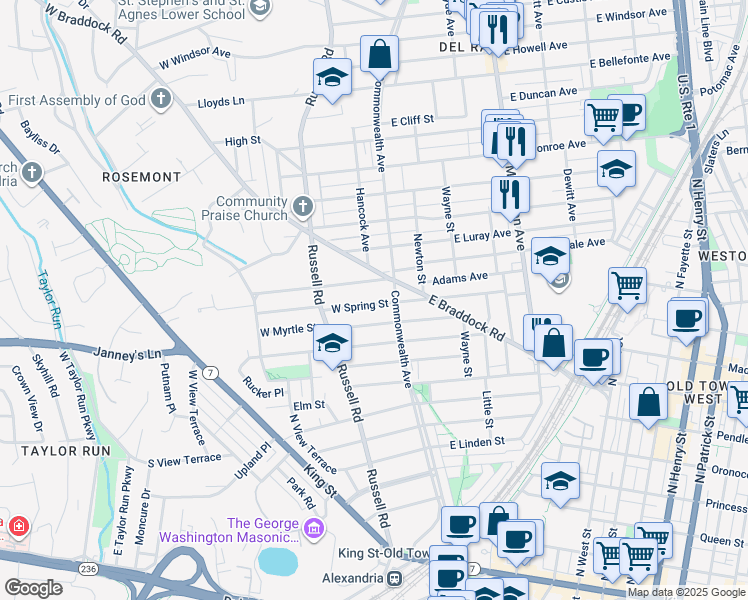 map of restaurants, bars, coffee shops, grocery stores, and more near 9 West Spring Street in Alexandria