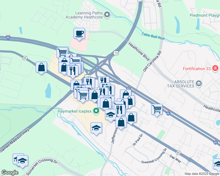 map of restaurants, bars, coffee shops, grocery stores, and more near 15061 Jaxton Square Lane in Haymarket