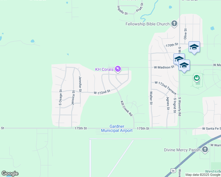map of restaurants, bars, coffee shops, grocery stores, and more near 31956 West 172nd Street in Gardner