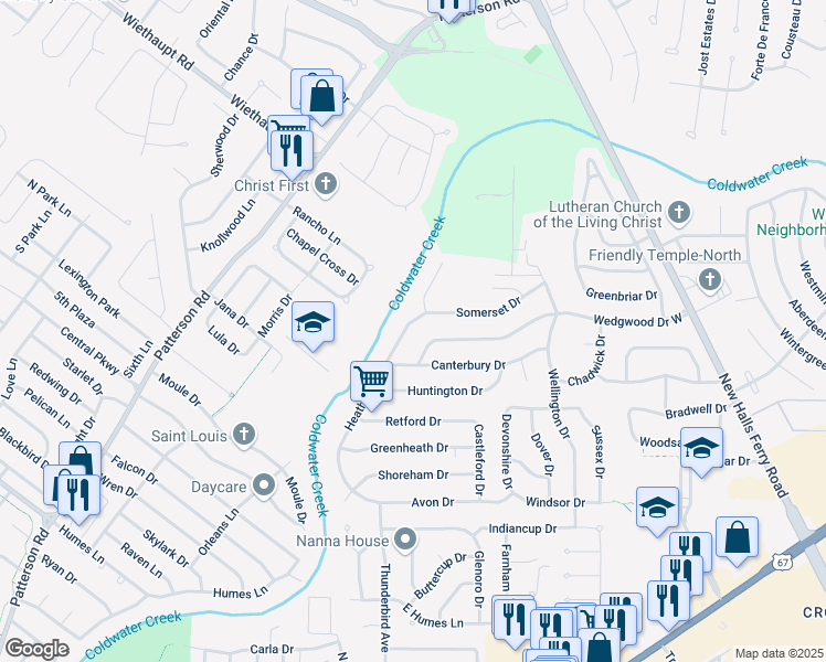 map of restaurants, bars, coffee shops, grocery stores, and more near 3140 Heatherton Drive in Florissant