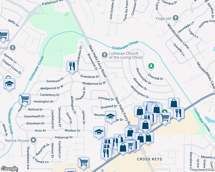 map of restaurants, bars, coffee shops, grocery stores, and more near 14615 New Halls Ferry Road in Florissant