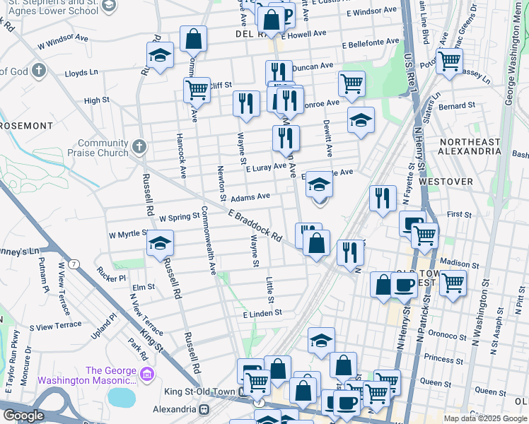map of restaurants, bars, coffee shops, grocery stores, and more near 207 East Spring Street in Alexandria
