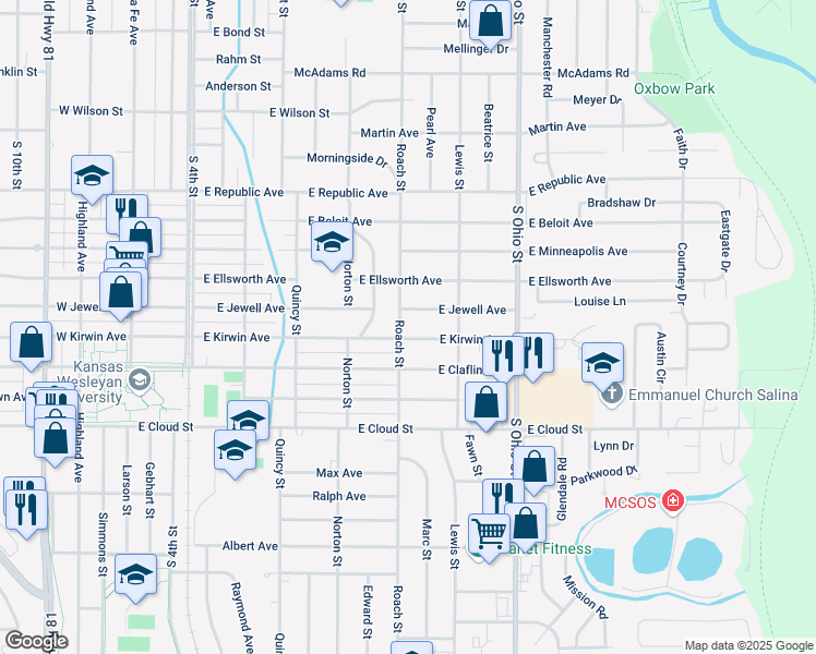 map of restaurants, bars, coffee shops, grocery stores, and more near 537 East Kirwin Avenue in Salina