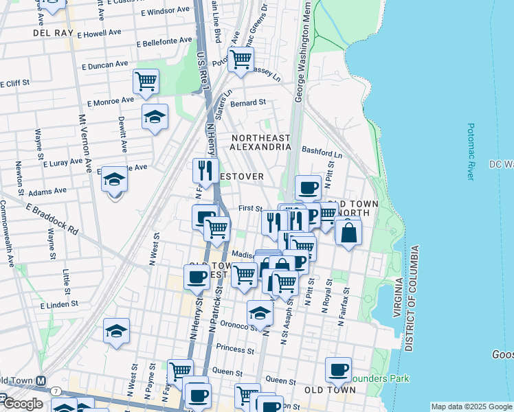 map of restaurants, bars, coffee shops, grocery stores, and more near 903 First Street in Alexandria