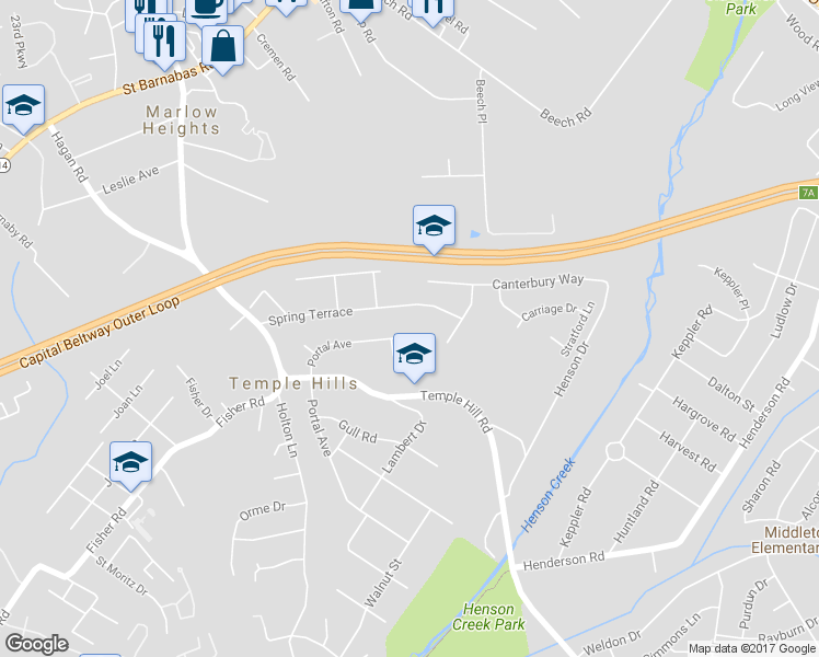 map of restaurants, bars, coffee shops, grocery stores, and more near 3401 Portal Avenue in Temple Hills