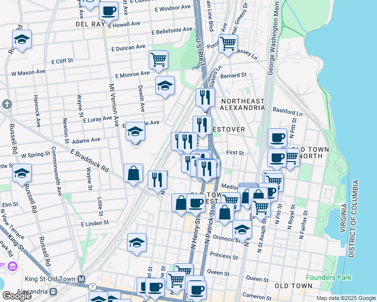 map of restaurants, bars, coffee shops, grocery stores, and more near 1200 First Street in Alexandria