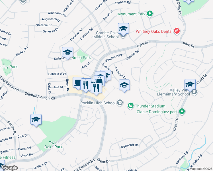 map of restaurants, bars, coffee shops, grocery stores, and more near 3250 Victory Drive in Rocklin