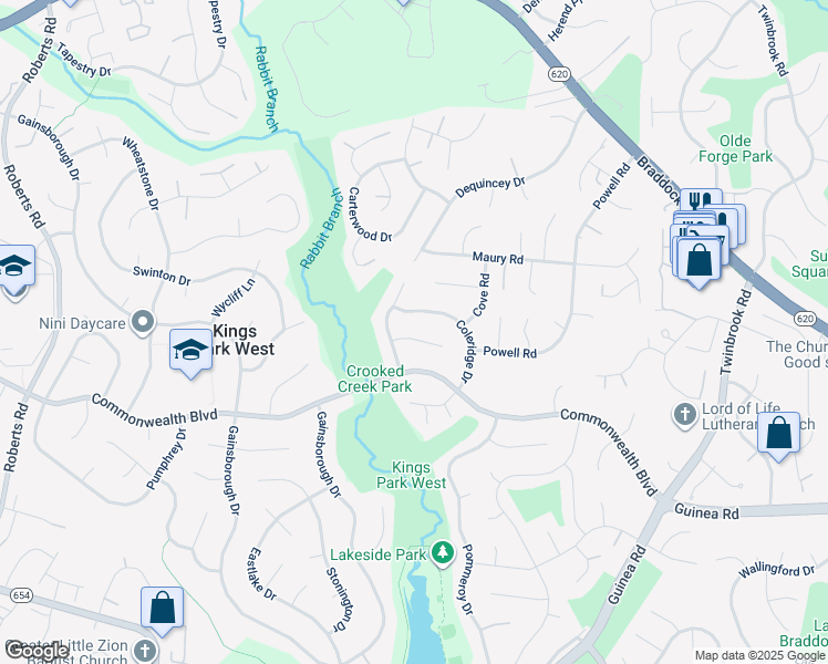 map of restaurants, bars, coffee shops, grocery stores, and more near 9894 Becket Court in Fairfax