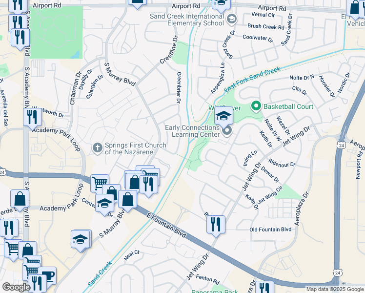 map of restaurants, bars, coffee shops, grocery stores, and more near 1255 Sandpiper Drive in Colorado Springs