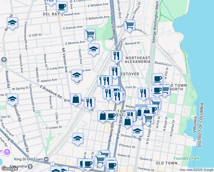 map of restaurants, bars, coffee shops, grocery stores, and more near 101 Independence Avenue Southeast in Washington