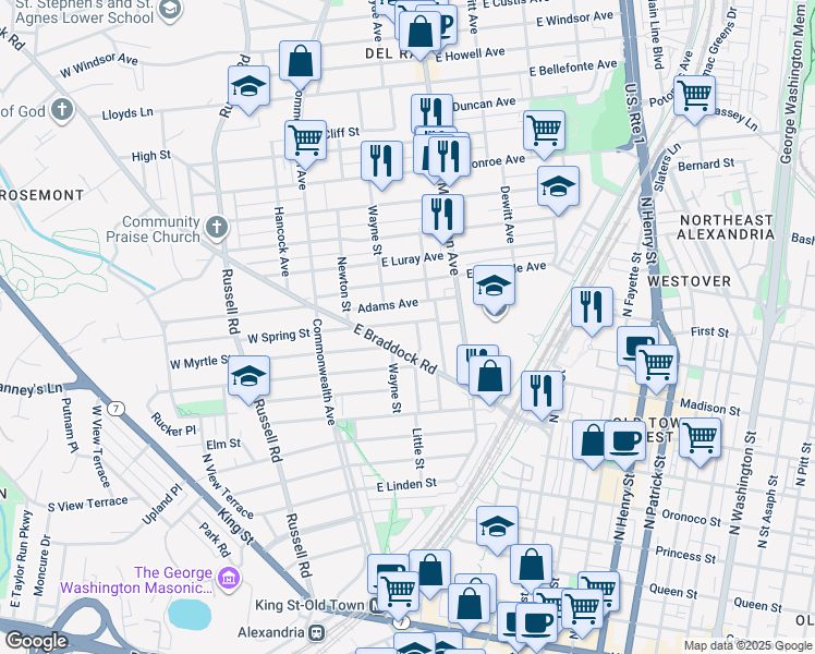 map of restaurants, bars, coffee shops, grocery stores, and more near 207 East Spring Street in Alexandria