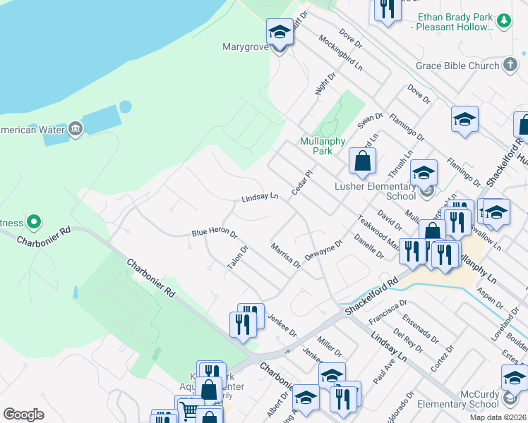 map of restaurants, bars, coffee shops, grocery stores, and more near 2503 Soundview Court in Florissant