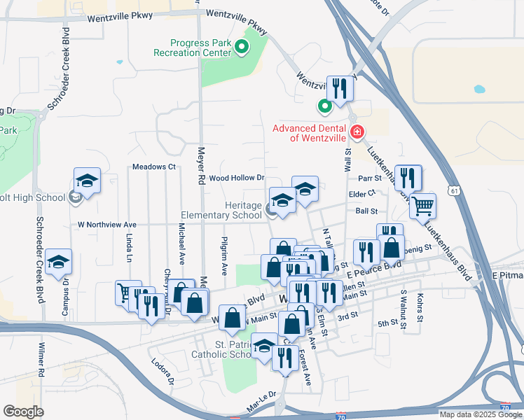 map of restaurants, bars, coffee shops, grocery stores, and more near 612 Blumhoff Avenue in Wentzville
