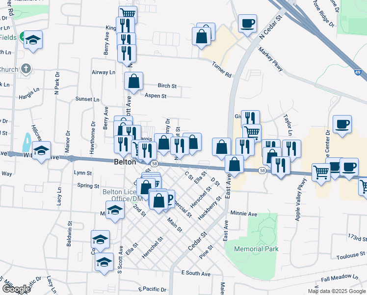 map of restaurants, bars, coffee shops, grocery stores, and more near 111 North Chestnut Street in Belton