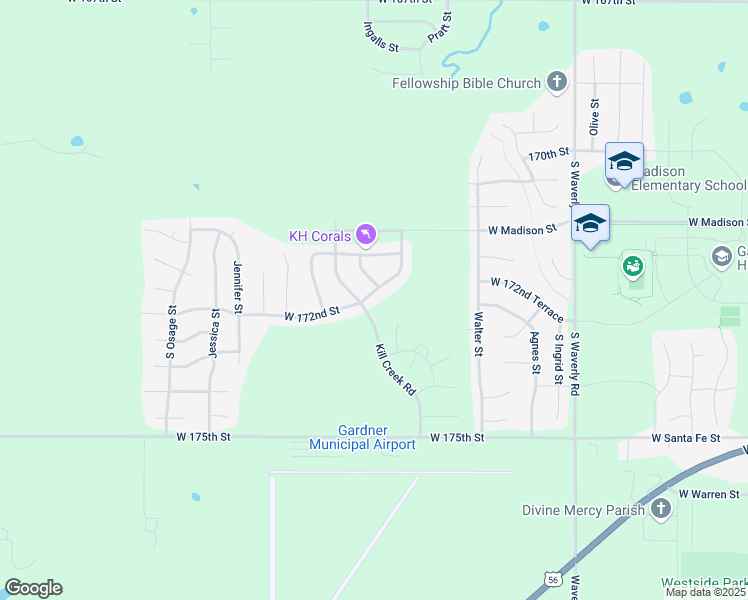 map of restaurants, bars, coffee shops, grocery stores, and more near 31875 West 172nd Street in Gardner