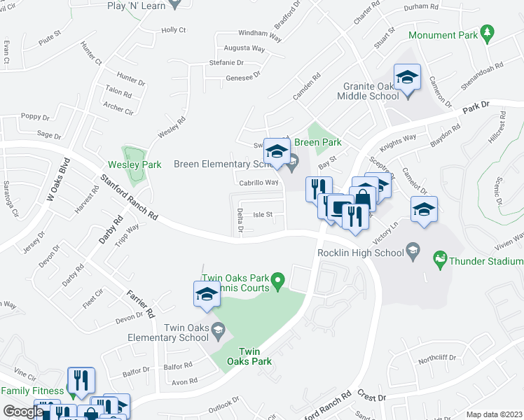 map of restaurants, bars, coffee shops, grocery stores, and more near 2817 Isle Street in Rocklin