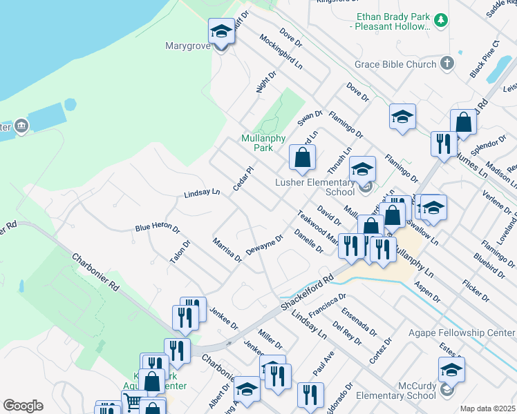 map of restaurants, bars, coffee shops, grocery stores, and more near 2380 Oakwood Manor Drive in Florissant