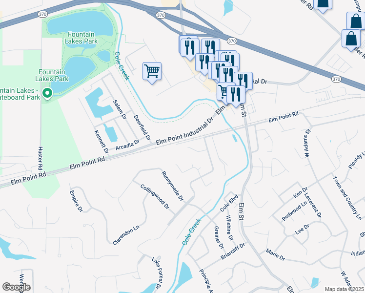map of restaurants, bars, coffee shops, grocery stores, and more near 16 Ashbourne Way in Saint Charles