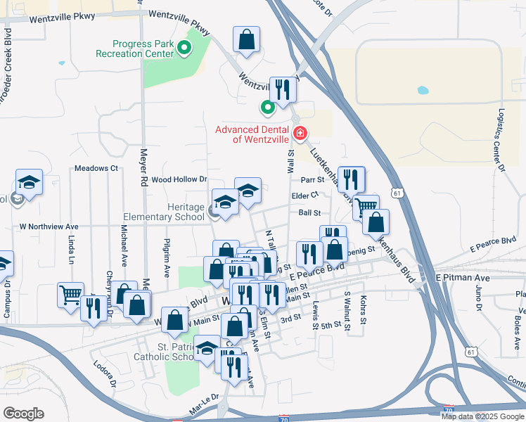 map of restaurants, bars, coffee shops, grocery stores, and more near 598 North Tally Street in Wentzville