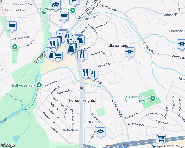 map of restaurants, bars, coffee shops, grocery stores, and more near 5503 Livingston Terrace in Oxon Hill