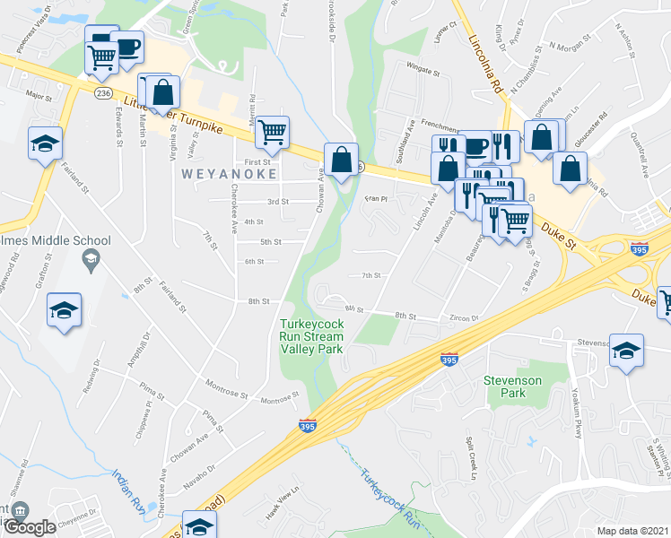 map of restaurants, bars, coffee shops, grocery stores, and more near 6318 7th Street in Alexandria