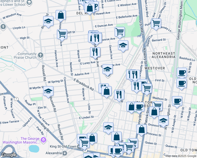 map of restaurants, bars, coffee shops, grocery stores, and more near 904 Mount Vernon Avenue in Alexandria
