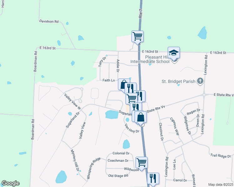 map of restaurants, bars, coffee shops, grocery stores, and more near 2126 Highridge Drive in Pleasant Hill