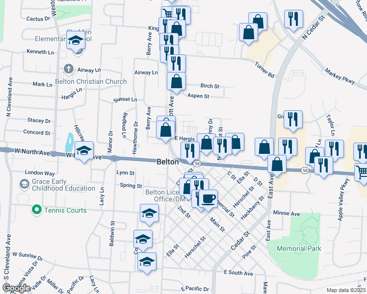 map of restaurants, bars, coffee shops, grocery stores, and more near 105 East Hargis Street in Belton
