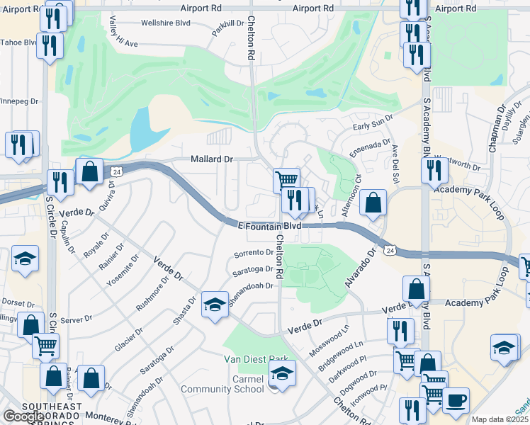 map of restaurants, bars, coffee shops, grocery stores, and more near 1180 South Chelton Road in Colorado Springs