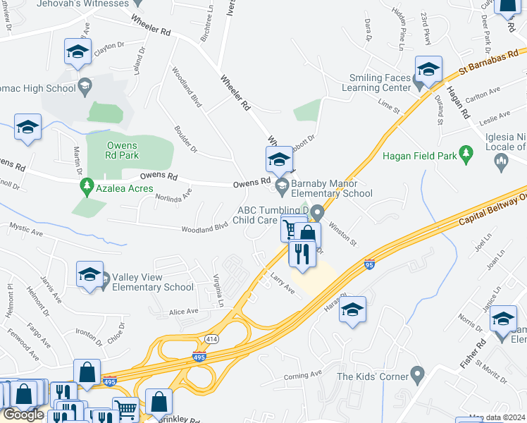 map of restaurants, bars, coffee shops, grocery stores, and more near 2431 West Rosecroft Village Circle in Oxon Hill