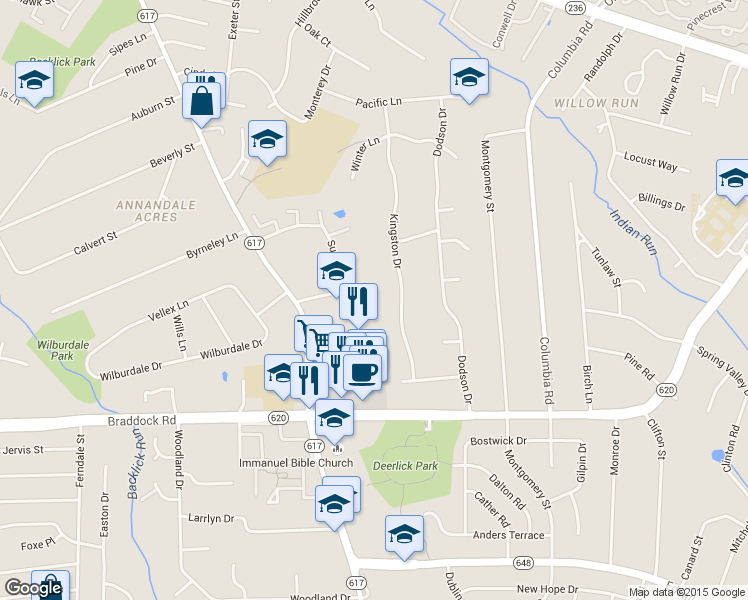 map of restaurants, bars, coffee shops, grocery stores, and more near 6991 Sunset Court in Annandale