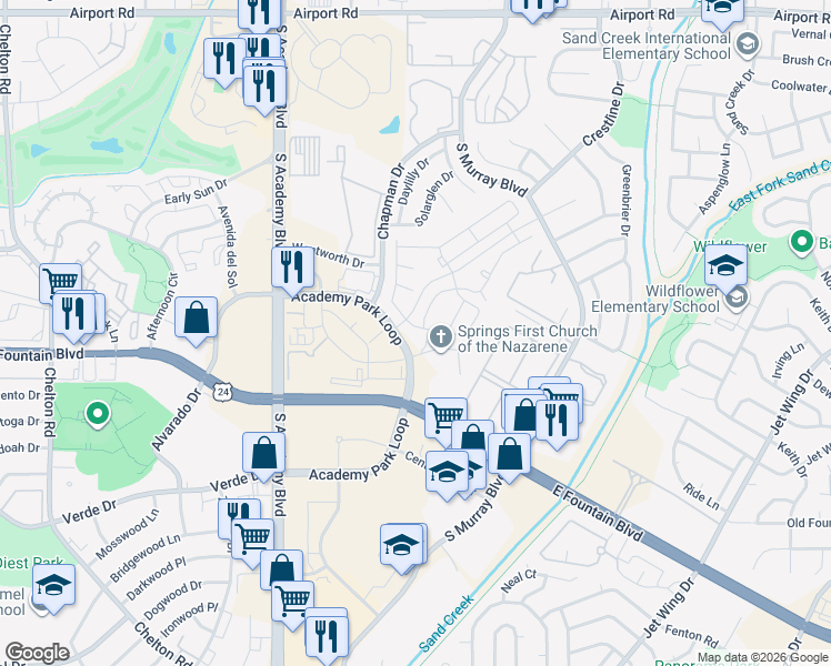 map of restaurants, bars, coffee shops, grocery stores, and more near 4090 Center Park Drive in Colorado Springs