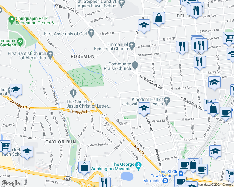 map of restaurants, bars, coffee shops, grocery stores, and more near 402 West Timber Branch Parkway in Alexandria