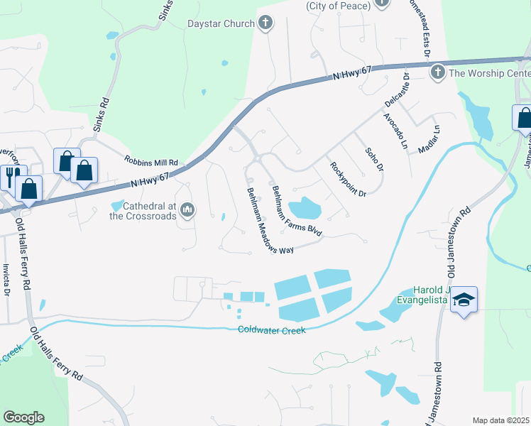 map of restaurants, bars, coffee shops, grocery stores, and more near 210 Behlmann Meadows Way in Florissant