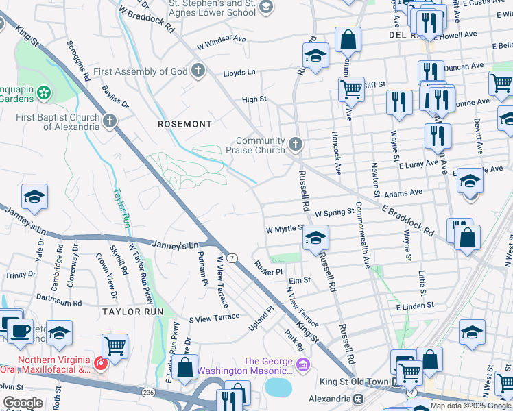 map of restaurants, bars, coffee shops, grocery stores, and more near 402 West Timber Branch Parkway in Alexandria