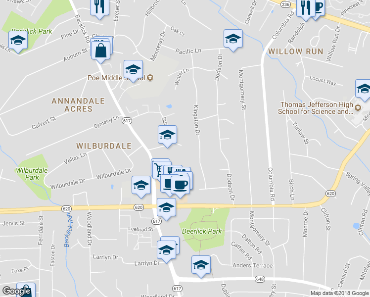 map of restaurants, bars, coffee shops, grocery stores, and more near 6991 Sunset Court in Annandale