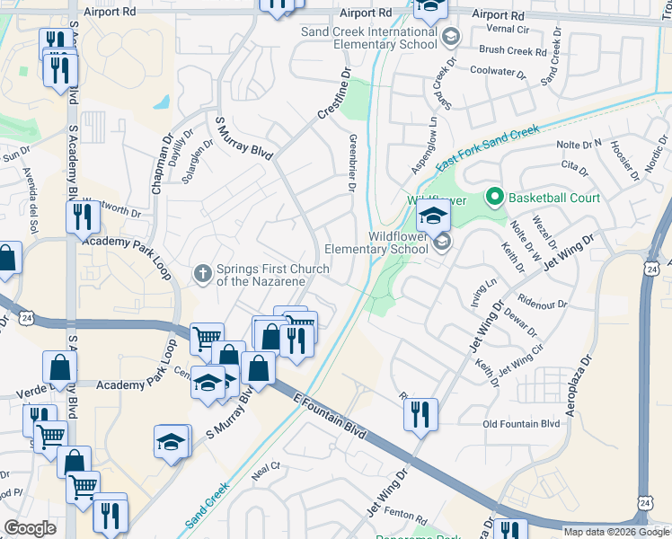 map of restaurants, bars, coffee shops, grocery stores, and more near 1255 Bayberry Drive in Colorado Springs