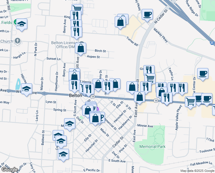 map of restaurants, bars, coffee shops, grocery stores, and more near 111 North Chestnut Street in Belton